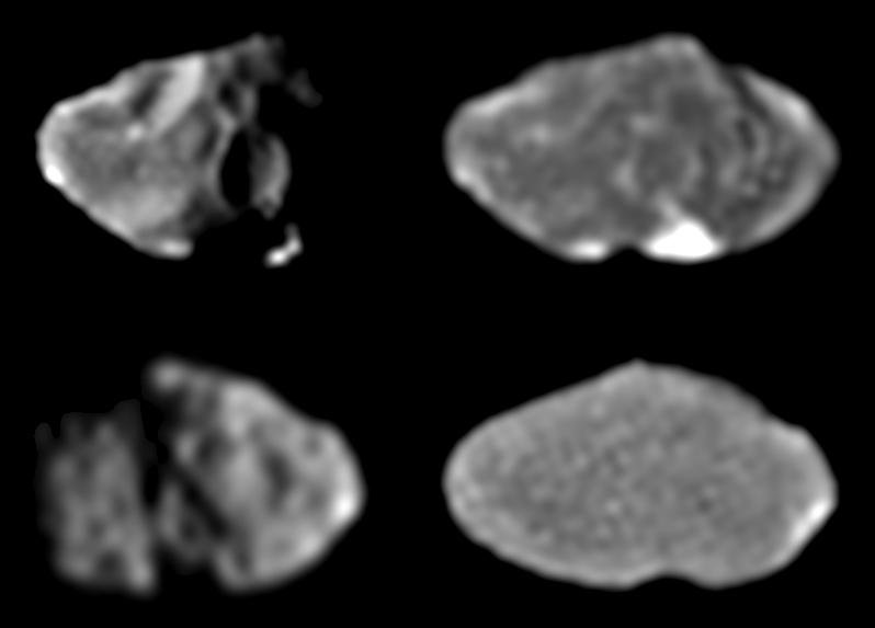 Four grainy views of a small irregular potato shaped moon against black space.