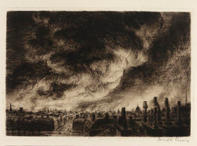 Dark etching of a city skyline under vast rolling clouds of smoke, a cathedral dome just visible.