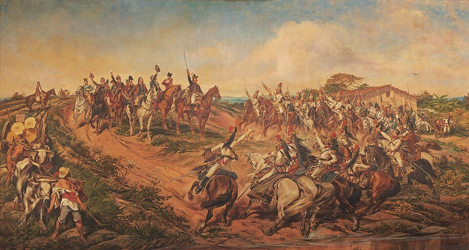 Romantic painting of mounted soldiers raising swords on a dirt road beside a stream, banners flying.