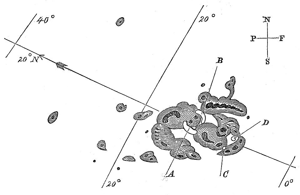 Old scientific diagram showing hand-drawn irregular blotchy shapes with compass and angle markings.