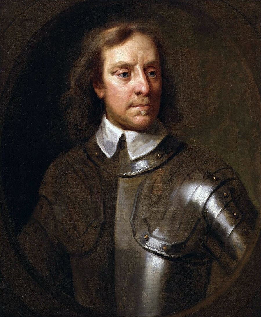Oil portrait of a stern man with shoulder length hair, wearing a white collar over polished steel armour.
