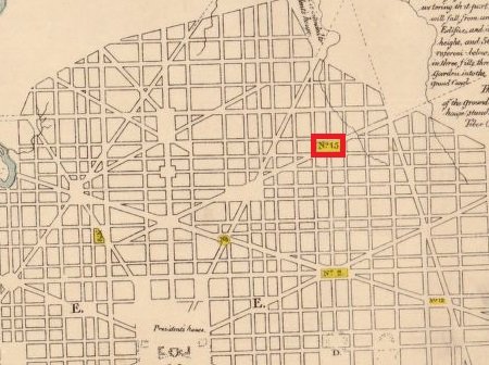 Detail from an eighteenth century engraved city plan showing a grid crossed by diagonal avenues.