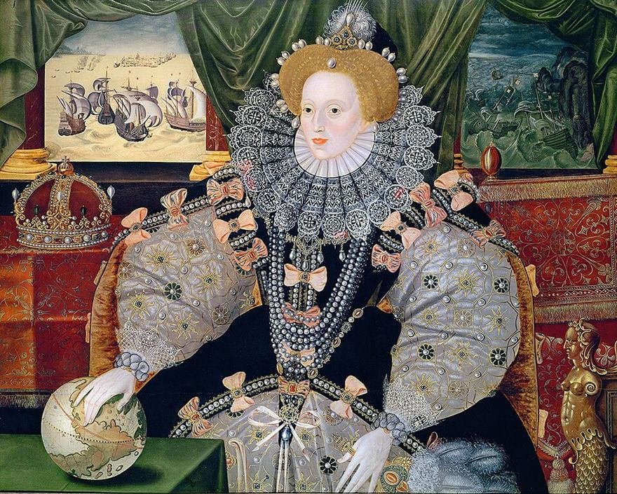 Elaborate portrait of a queen in a pearl encrusted gown, hand resting on a globe, sea battles visible behind her.