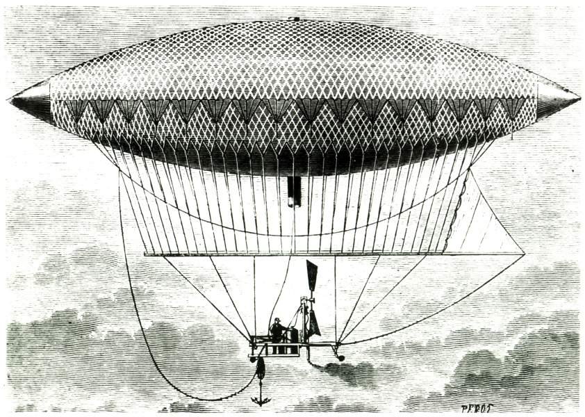 An engraving of a cigar-shaped gas balloon in netting, with a man standing on a small open platform slung far below it.