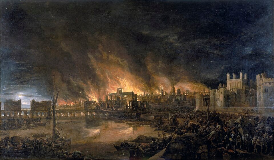 Dark painting of a city burning fiercely at night across a river, with a bridge, a fortress and crowds of fleeing people in the foreground.
