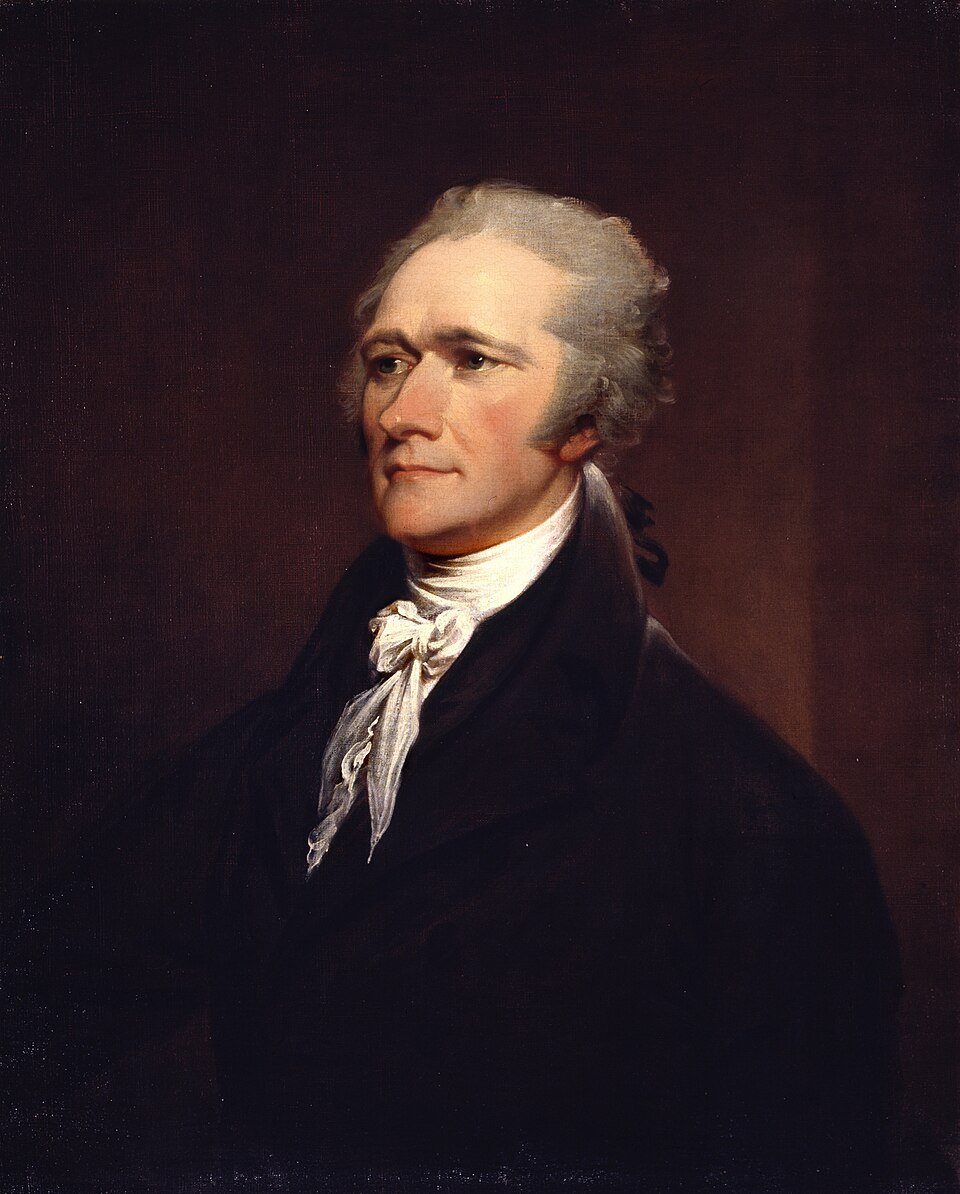 Oil portrait of a man with greying swept back hair in a dark coat and white cravat against a dark background.