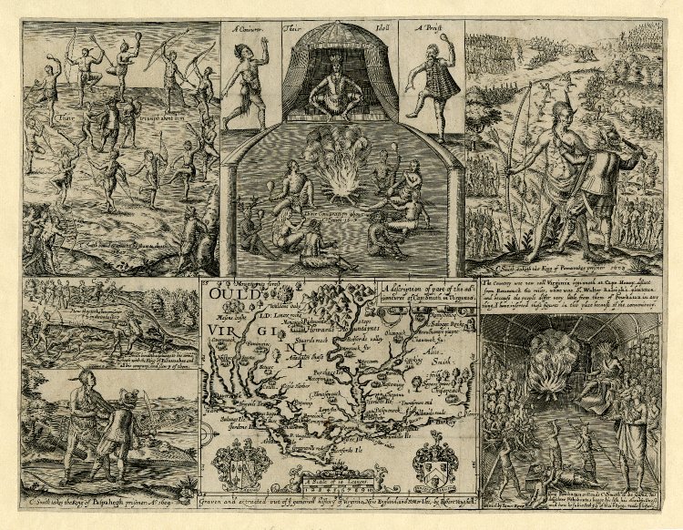 Old engraved plate combining scenes of Native American life with a detailed map of a coastline.