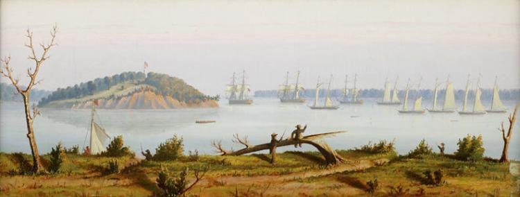 Painting of a line of sailing warships at anchor in a calm bay seen from a wooded shore.