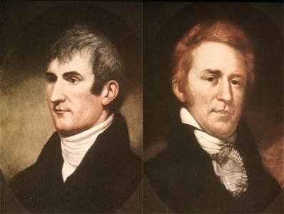 Side by side oil portraits of two men in high collared dark coats, one dark haired and one red haired.
