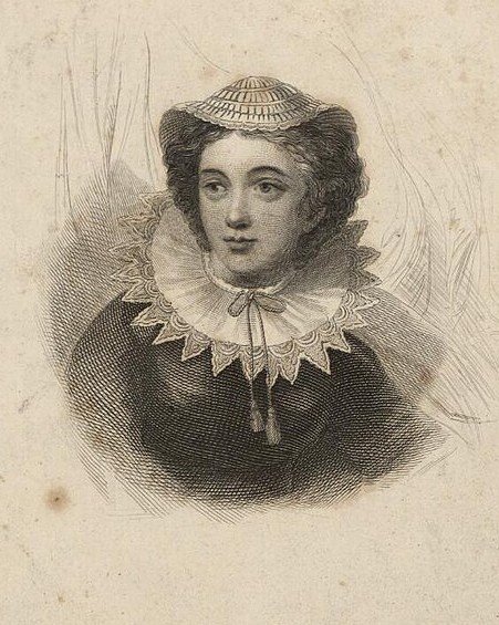 Engraved portrait of a young woman in a wide lace ruff and small ornamented cap.