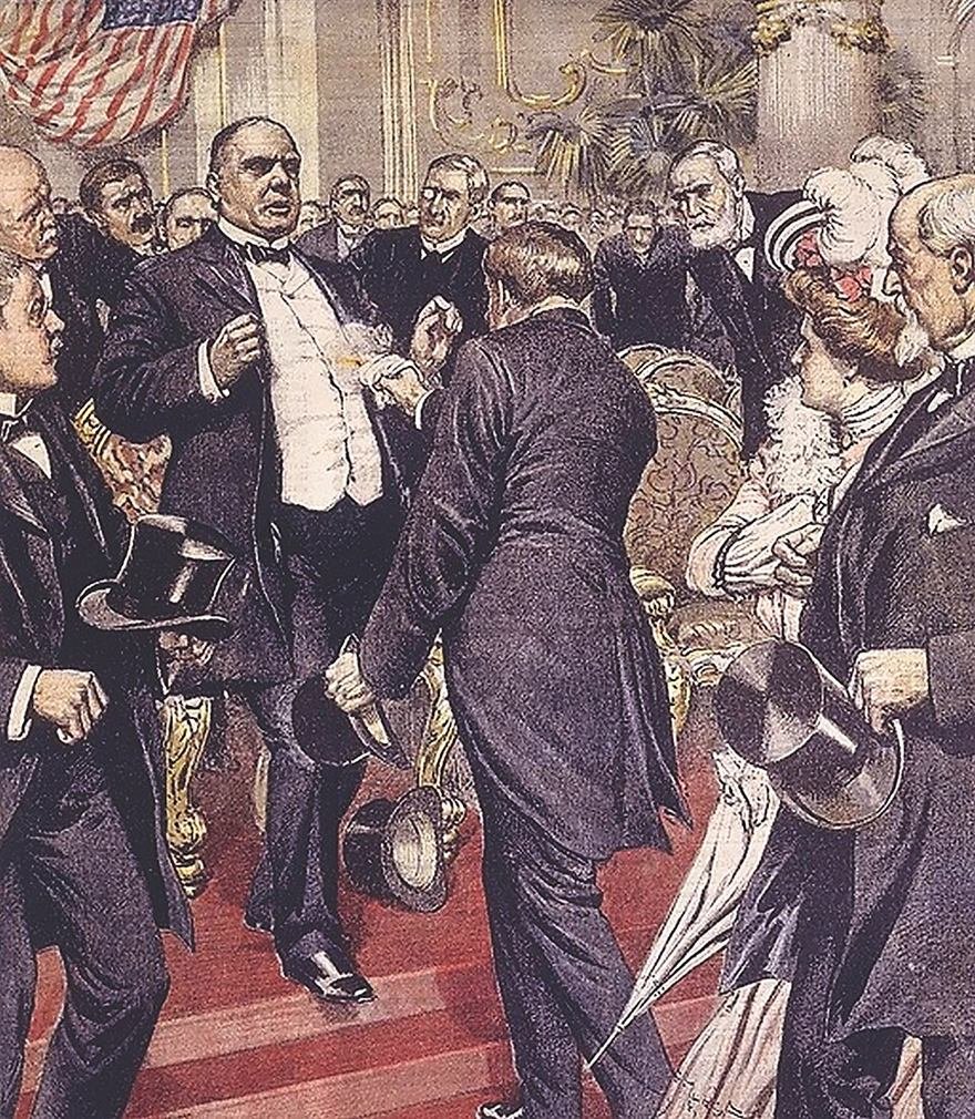 Colour illustration of a crowded reception hall as a man in a dark suit lunges toward a startled official.