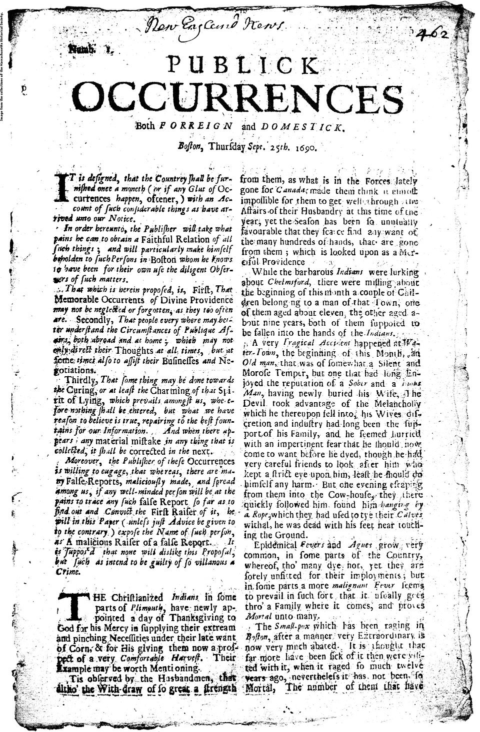 A printed page in old type with a large heading, set in two columns of long dense paragraphs, browned with age.