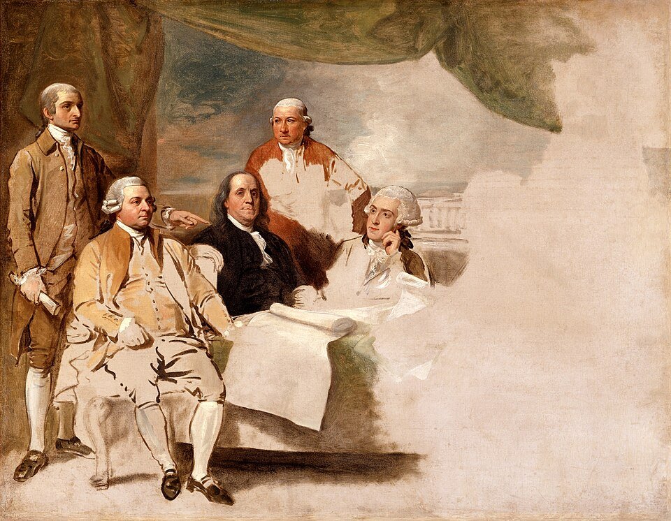 Unfinished oil painting of five eighteenth century diplomats in wigs and coats grouped around a table, the right side of the canvas left blank.