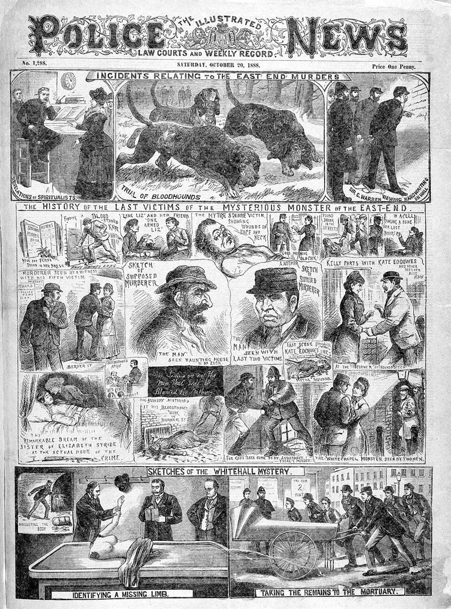 Victorian newspaper front page densely packed with engraved illustrations of police, bloodhounds and crowded street scenes.
