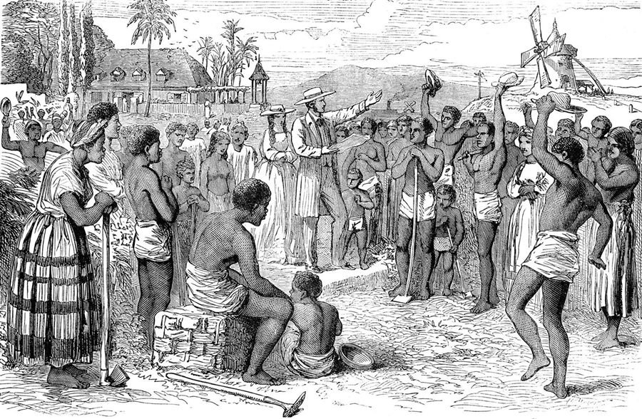 Old engraving of a crowd gathered outdoors around a man reading from a paper, with a plantation house and windmill behind them.