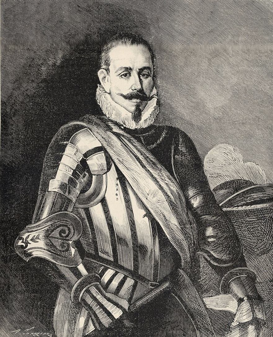 Oil portrait of a bearded conquistador in armour and a ruffed collar.